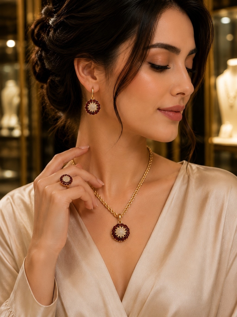 Gold-Plated Burgundy Sunburst Pendant Necklace & Earring Set